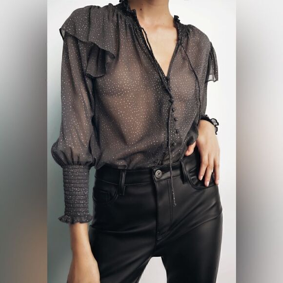 ZARA SPARKLY SEMI-SHEER METALLIC DOT BLOUSE - Picture 2 of 8